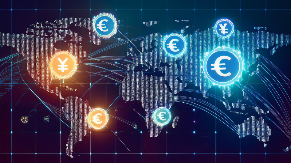 Digital world map showing global connections with currency symbols for the Yen and Euro, representing government digital currencies in various countries.