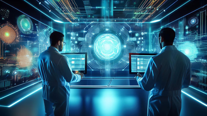 Two researchers in a futuristic lab analyzing data on glowing quantum processors with holographic displays showcasing advanced quantum algorithms.