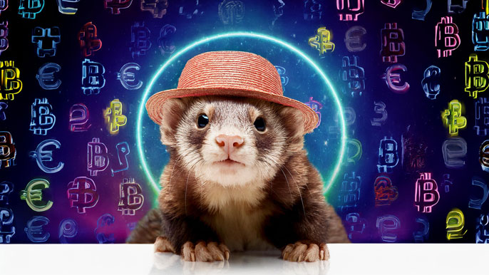 A playful ferret wearing a red hat sits in front of a glowing neon background featuring various cryptocurrency symbols.