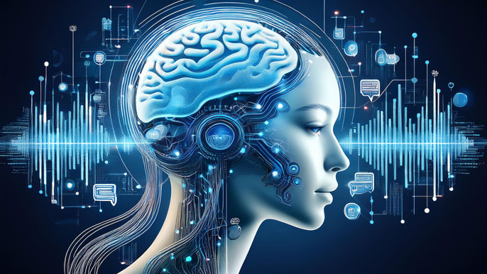 A digital representation of a human brain connected to various data sources, including audio waveforms, chat bubbles, and icons, symbolizing Quantum AI’s ability to analyze and interpret emotions across different media for sentiment analysis.