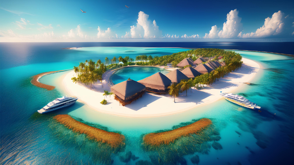 Luxury Maldives resort surrounded by turquoise waters, coral reefs, white sand beaches, and yachts, capturing the essence of tropical tourism and high-end travel.