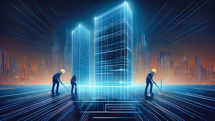 Workers laying bricks on a glowing blueprint of a skyscraper projected into the night sky, symbolizing the process of turning small efforts into a grand vision.