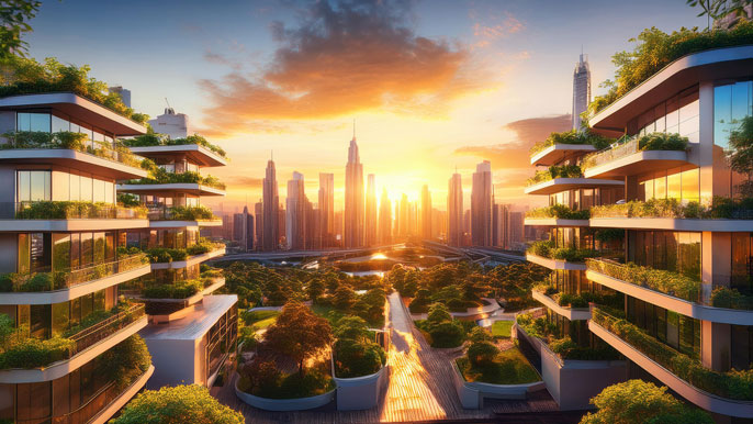 A stunning view of modern, eco-friendly apartments surrounded by lush greenery with a vibrant city skyline glowing under a golden sunset.