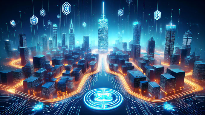 A futuristic digital cityscape glowing with blockchain energy, NFT icons, and the MOBOX logo symbolizing innovation in gaming and DeFi integration.
