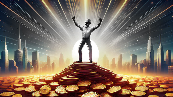 A triumphant figure resembling LindyMan stands atop a golden mountain of cryptocurrency coins, with beams of light and a futuristic city skyline in the background.