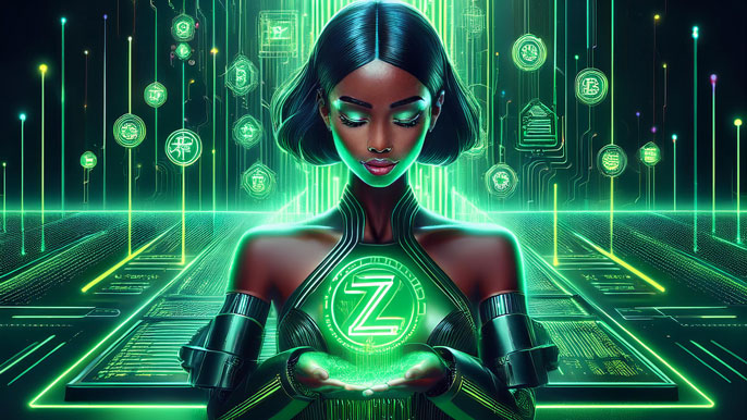 A futuristic woman in green attire holding a glowing Zenchain ZCX token in a digital blockchain-themed environment.