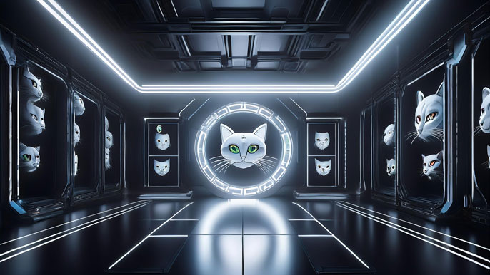 A futuristic black room with glowing white screens displaying cat meme images, centered around a holographic cat face symbol.