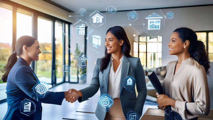 A real estate agent shaking hands with a client in a modern home, surrounded by digital icons representing property technology and innovative tools.