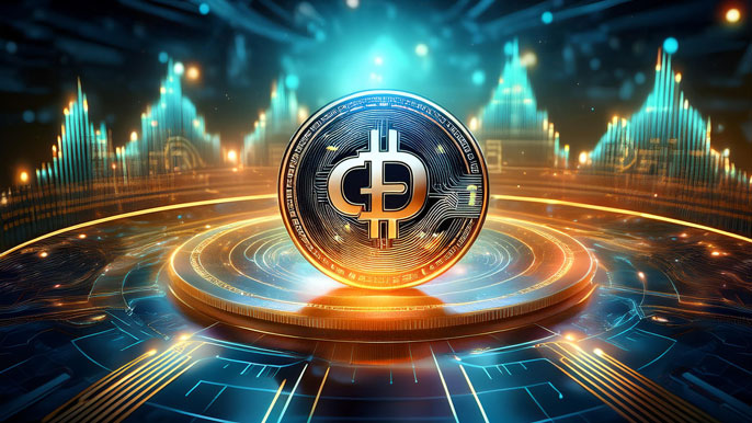 A glowing futuristic CAPA Coin on a digital platform, surrounded by financial graphs and blockchain networks in a high-tech setting.