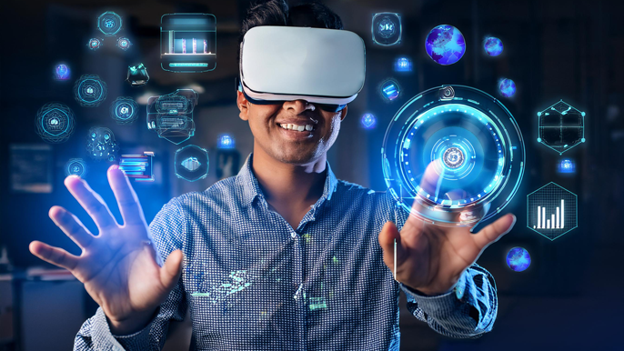 A person using a virtual reality (VR) headset interacting with holographic interfaces and digital icons, symbolizing the future of social networking with immersive VR and AR technology.