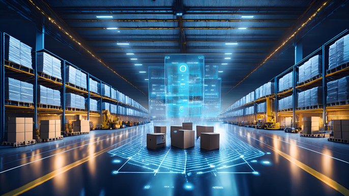 Futuristic warehouse showcasing blockchain-powered supply chain tracking, with real-time monitoring of products and transparent logistics operations.
