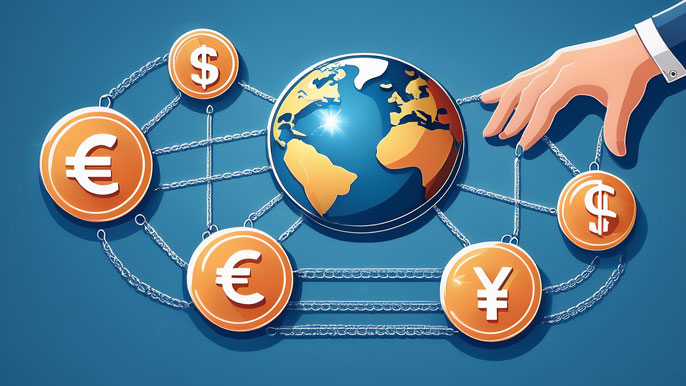 A hand manipulating strings attached to global currency symbols around a globe, symbolizing the control and impact of currency manipulation on international trade.