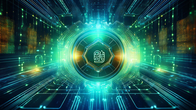 Futuristic digital representation of the SUI token surrounded by glowing data streams, symbolizing its role in DeFi and high-performance blockchain technology.