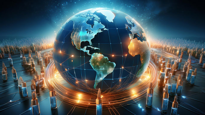 A glowing globe surrounded by insulin vials symbolizing the global distribution and trade of insulin.