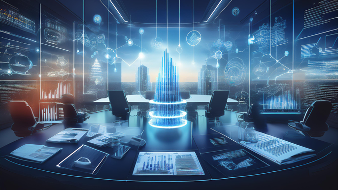 A futuristic business meeting room with holographic displays showcasing company structures, legal documents, and data charts, representing government regulations and founder responsibilities in a high-tech corporate environment.