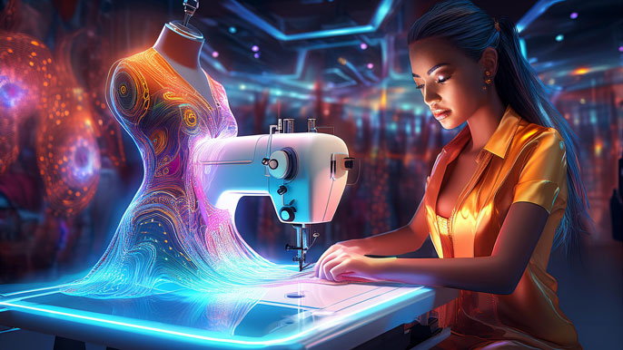 A designer using a futuristic AI-powered sewing machine, stitching a glowing, holographic dress in a high-tech digital showroom.