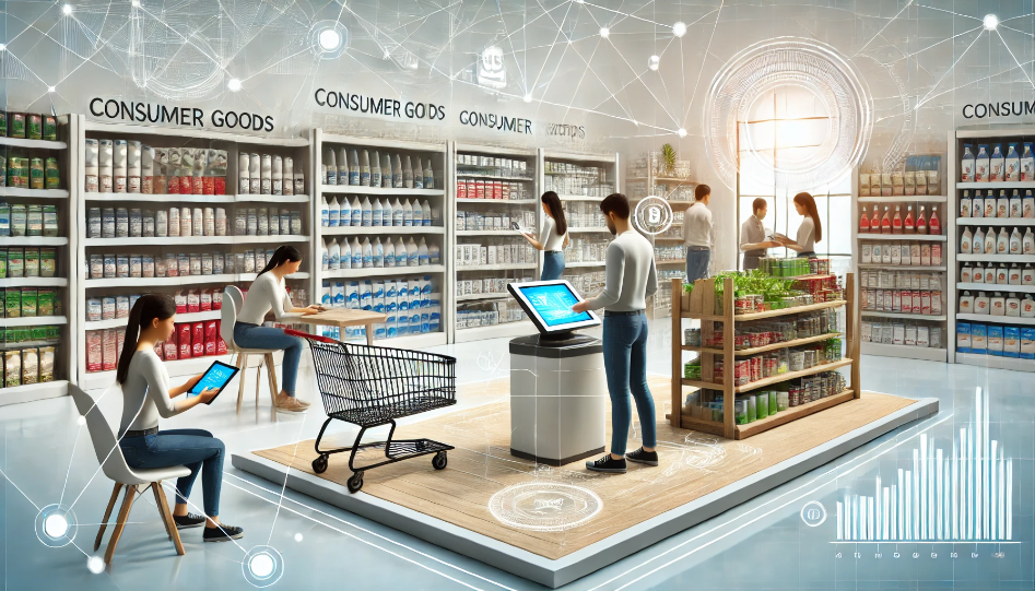 Modern retail store with organized shelves, shoppers using digital devices, and a cashier processing payments, reflecting innovation in consumer goods.