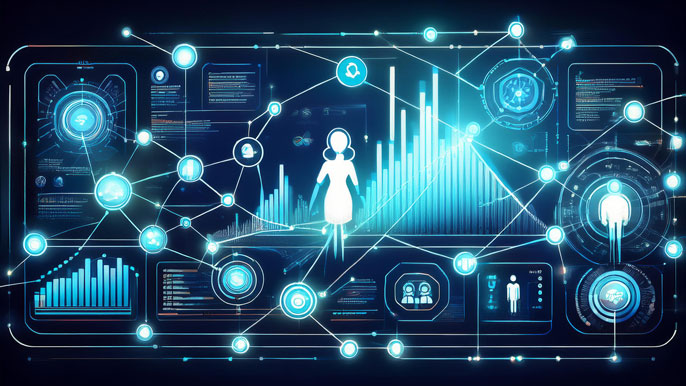 A digital interface with interconnected data points, graphs, and glowing AI symbols, representing AI-powered sales analytics and automation.