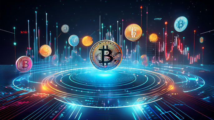 Digital cryptocurrency market with floating Bitcoin and other coins surrounded by data charts and glowing neon elements, representing growth and analysis.