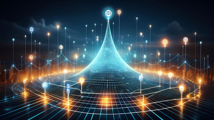 A glowing digital web with interconnected nodes, each representing various social media platforms. At the center, a pyramid-shaped structure symbolizes the growth of a business, illuminated by lines and energy radiating outward.
