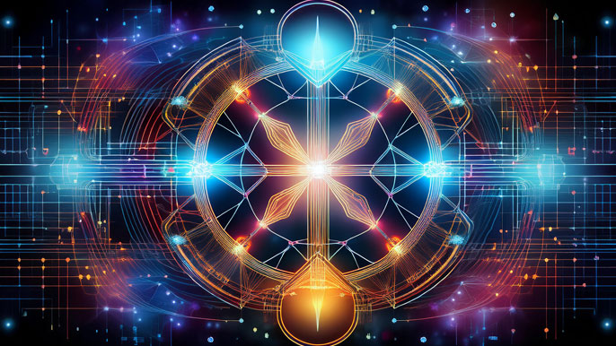 Abstract visualization of quantum logic gates in a complex circuit, representing the foundation of quantum computing.