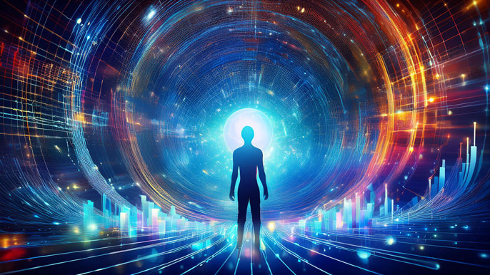 A glowing silhouette of a person standing at the entrance of a radiant digital vortex, surrounded by vibrant data streams and futuristic graphs, symbolizing the gateway to AI-driven innovation and possibilities.