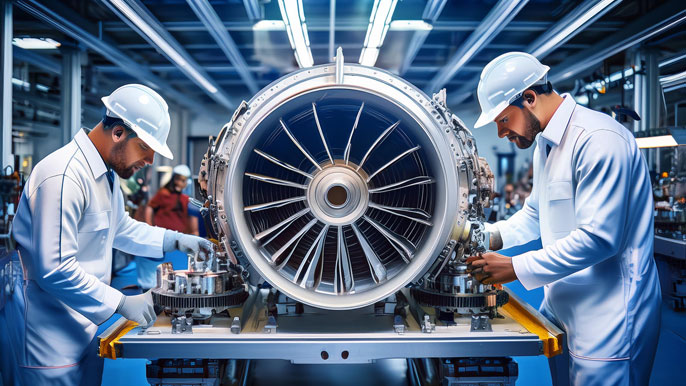 Engineers assembling a high-tech rocket engine in a modern manufacturing facility, focusing on the intricate details and advanced machinery involved in aerospace engineering.