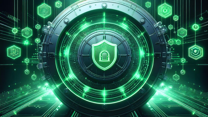 A futuristic green digital vault with a glowing shield icon at the center, surrounded by blockchain nodes and secure data lines.