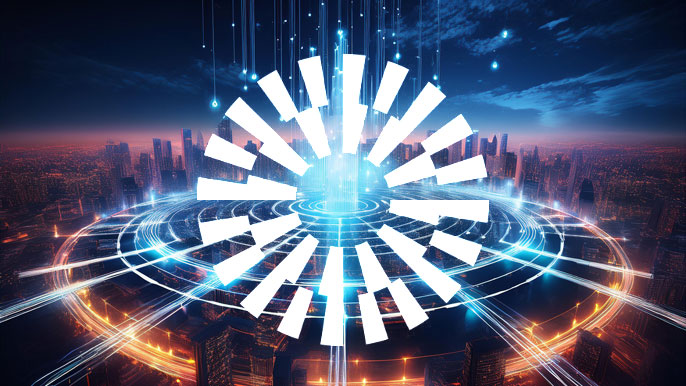 A glowing futuristic circular symbol representing Mantle's blockchain network, set against a cityscape with bright data lines radiating outward into the sky.