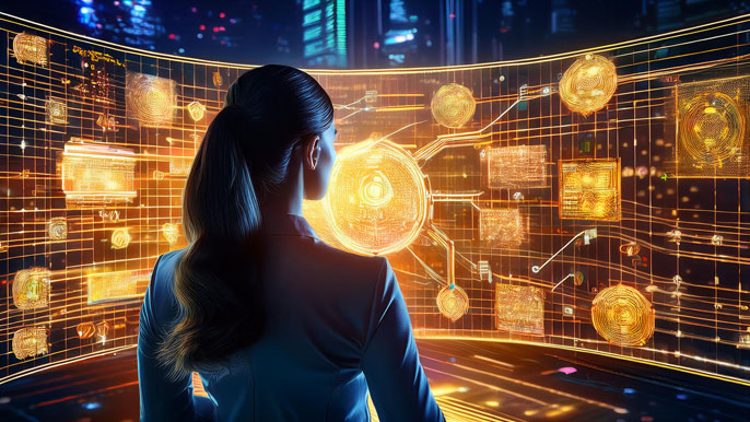 A person observing a futuristic digital interface with glowing blockchain contract addresses and token transactions.