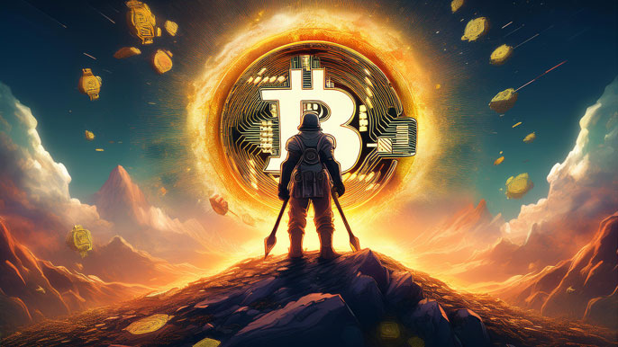 A lone futuristic miner with a golden pickaxe stands atop a glowing digital mountain, facing a giant Bitcoin sun surrounded by floating fragments in a surreal landscape.