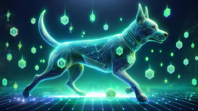 A futuristic digital dog surrounded by glowing crypto tokens in a blockchain-themed virtual environment.