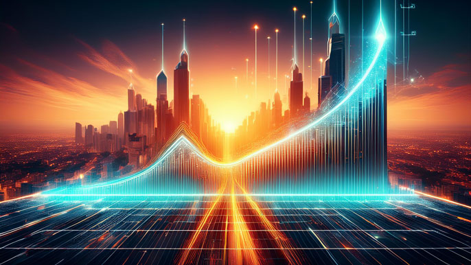 A futuristic cityscape at sunrise with a glowing stock market graph ascending, symbolizing the promising growth of the Indian stock market in 2025 across key sectors like technology, EVs, and renewable energy.