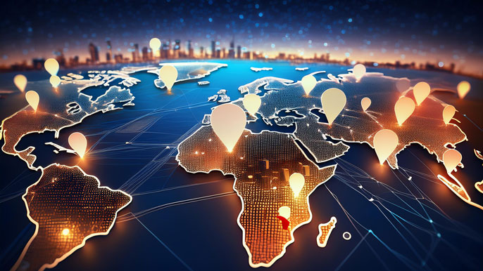 A world map illuminated with glowing pins marking major cities, representing global property expo locations. The background features a futuristic city skyline, symbolizing international real estate opportunities in 2025.