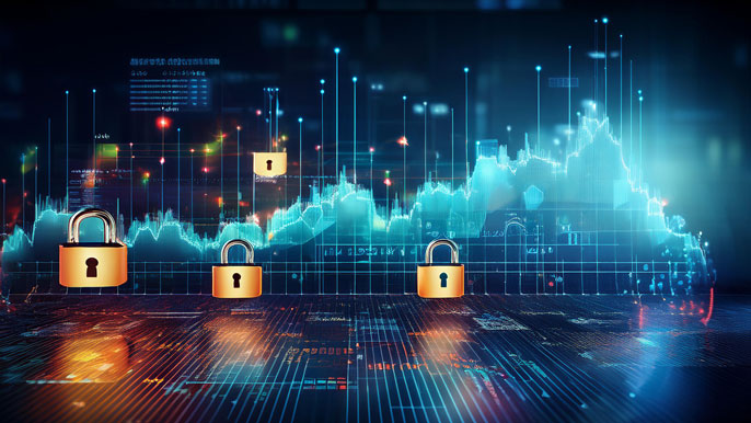 Digital stock market interface with glowing blue graphs and golden padlocks symbolizing cybersecurity, highlighting secure trading environments.
