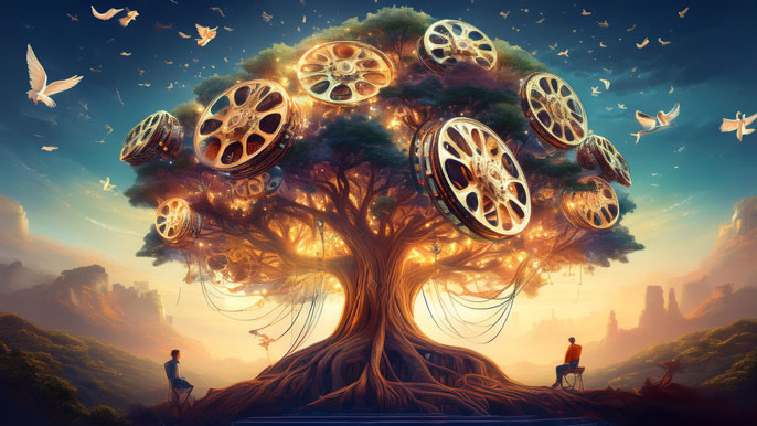 A majestic tree with glowing film reels as branches, surrounded by golden lights and birds, symbolizing the creative roots of cinema in a magical landscape.