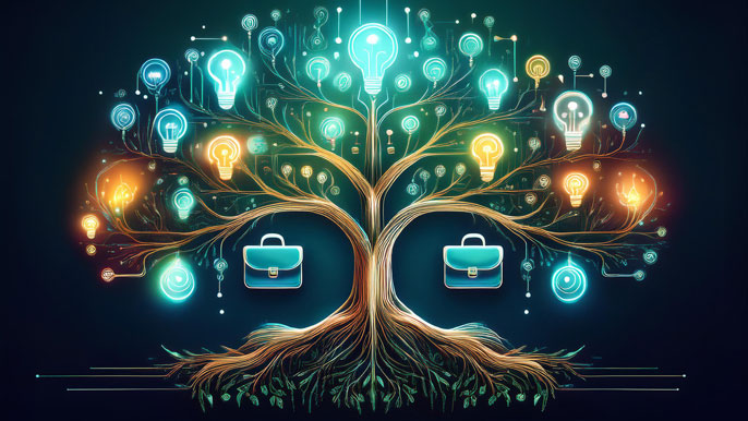 An abstract tree with glowing branches, each branch ending in lightbulbs and briefcases, symbolizing growth, networking, and innovation through business clubs.