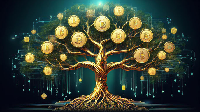 Symbolic digital tree with golden Bitcoin coins as leaves, representing growth, investment, and development in the cryptocurrency ecosystem.