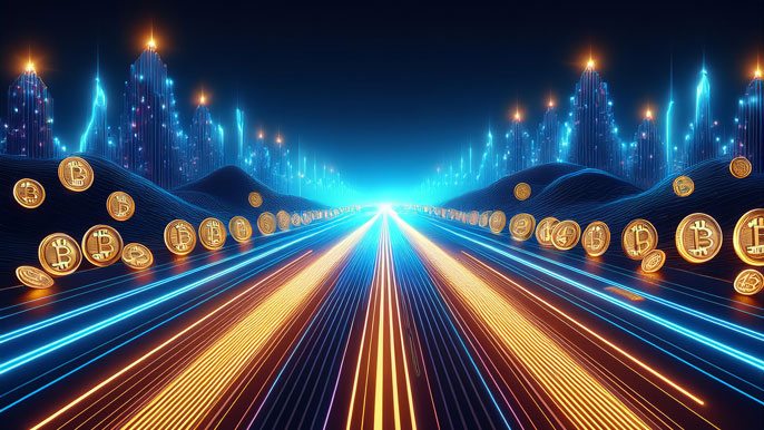 A futuristic digital highway glowing with neon blue and orange lights, lined with floating cryptocurrency coins, symbolizing rapid crypto growth and new opportunities in 2025.