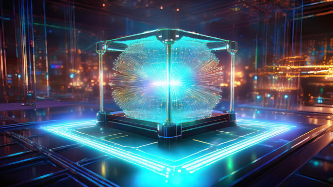 A futuristic quantum computer in a glowing, high-tech lab, surrounded by holographic data streams and particle effects, symbolizing cutting-edge quantum research in India.
