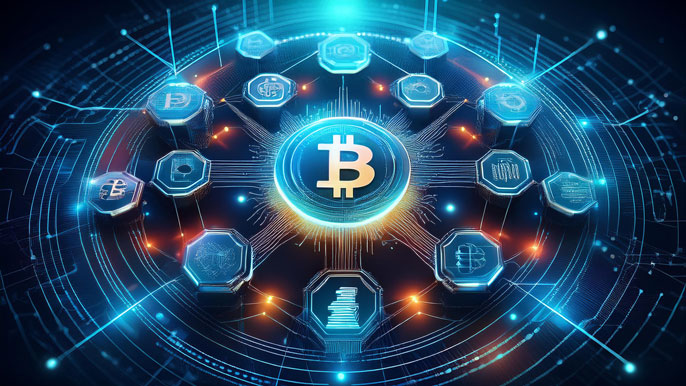 Digital illustration of tokenomics, showing a central Bitcoin symbol surrounded by icons representing supply, distribution, utility, and incentives, with interconnected data nodes.