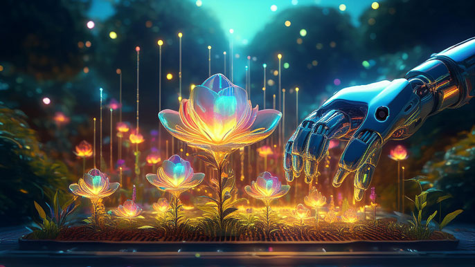 A robotic hand nurturing glowing holographic flowers in a futuristic garden, symbolizing AI fostering creativity and innovation.