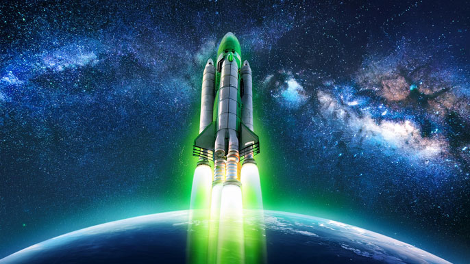 Rocket with vibrant green flames symbolizing eco-friendly fuel, launching against a starry space backdrop.