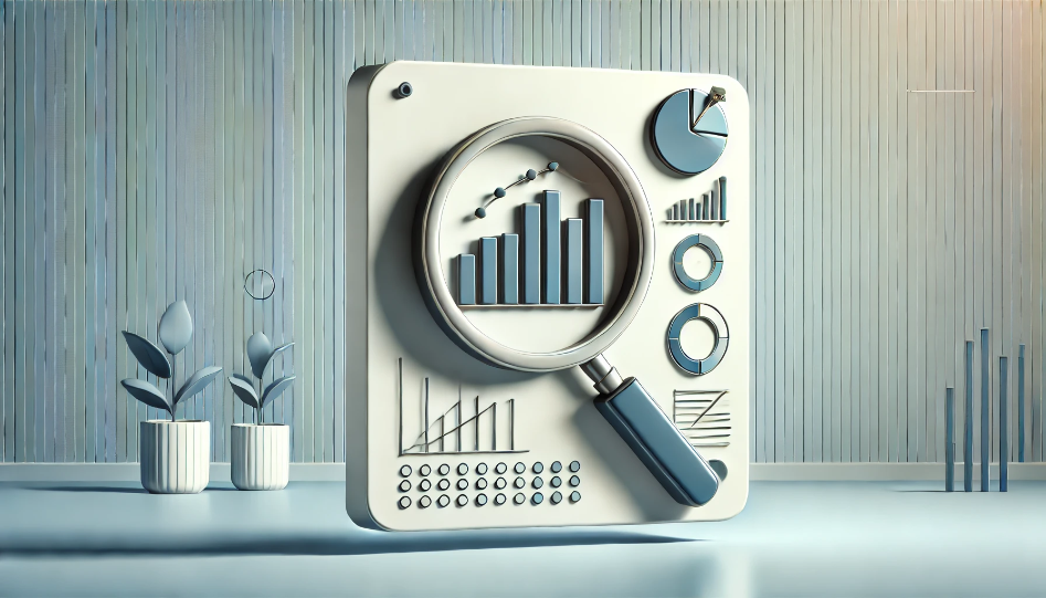 A magnifying glass focusing on a bar chart and pie chart, symbolizing the concept of competitive analysis in a simple and modern design.