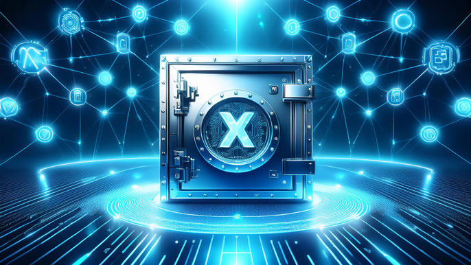 A futuristic digital vault with an "X" symbol at the center, surrounded by glowing blockchain nodes and encrypted data connections on a blue and black background.