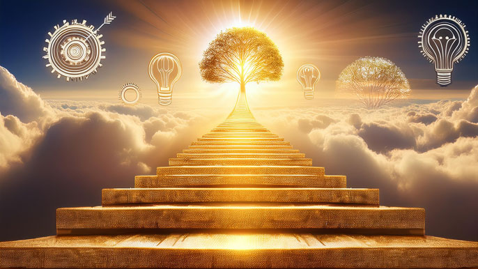 Golden staircase leading to a glowing tree above the clouds, surrounded by light bulbs and gears symbolizing growth, innovation, and success.