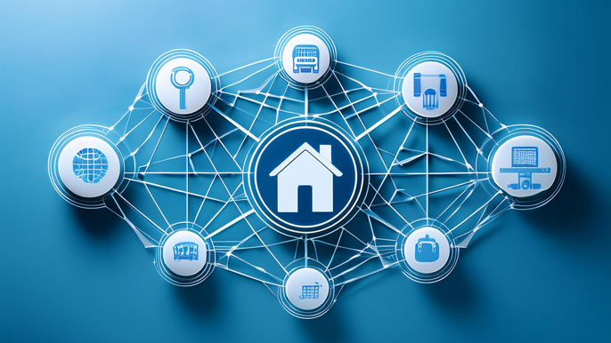 A network of icons connected by digital lines, representing shared resources like homes, transportation, and services in the sharing economy.