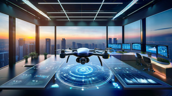 A large drone with a glowing light bulb beneath it floats among clouds, surrounded by smaller drones, symbolizing GENIUS NY as a launch pad for drone innovation across industries.