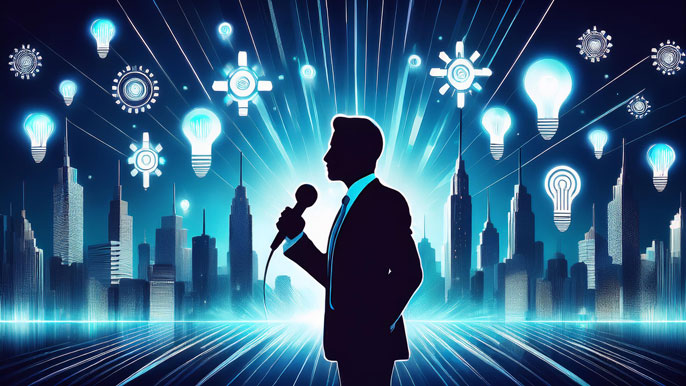 Silhouette of a confident speaker against a futuristic city skyline, surrounded by glowing leadership symbols and lightbulbs representing visionary ideas.