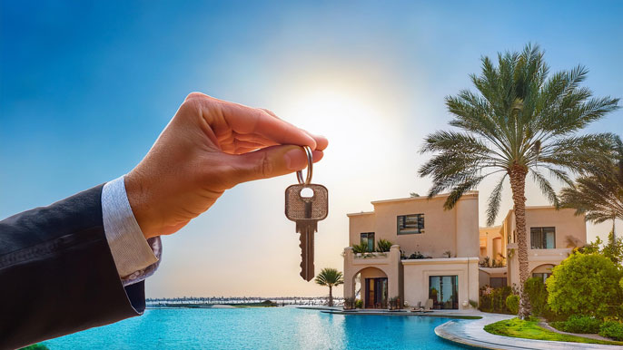A close-up of a hand holding a key in front of a luxurious villa with a pool and palm trees, symbolizing the handover of property ownership in Dubai, specifically in the upscale Palm Jumeirah area.